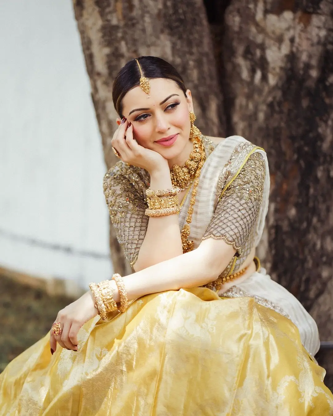 Hansika Motwani Wearing Beautiful Earrings Jewellery Yellow lehenga Choli